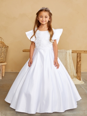 Satin Dress with Butterfly Sleeves and Lace Applique Back in Choice of Color